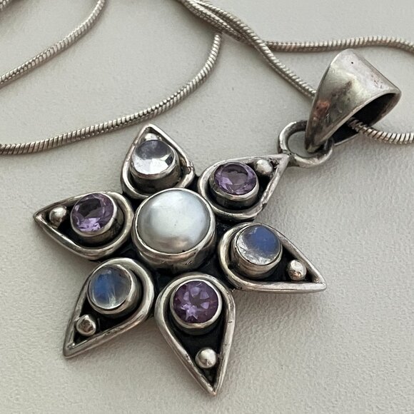 Pearl, Moon stone, Light purple gemstone, 925 Sterling Silver pendant - Picture 1 of 9